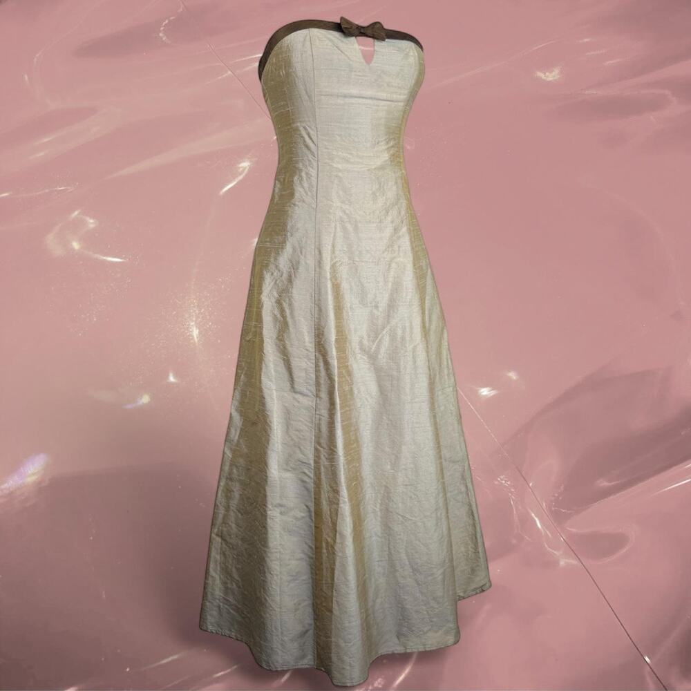 Vintage champagne olive silk gown with bow detail formal maxi prom dress